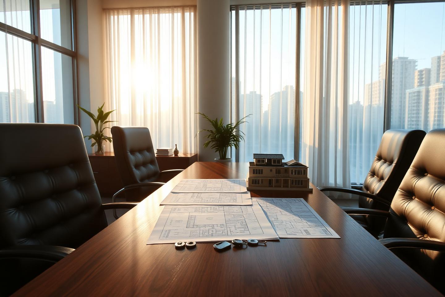 Escritório de negócios imobiliários com mesa de reunião, plantas de imóveis e maquete residencial